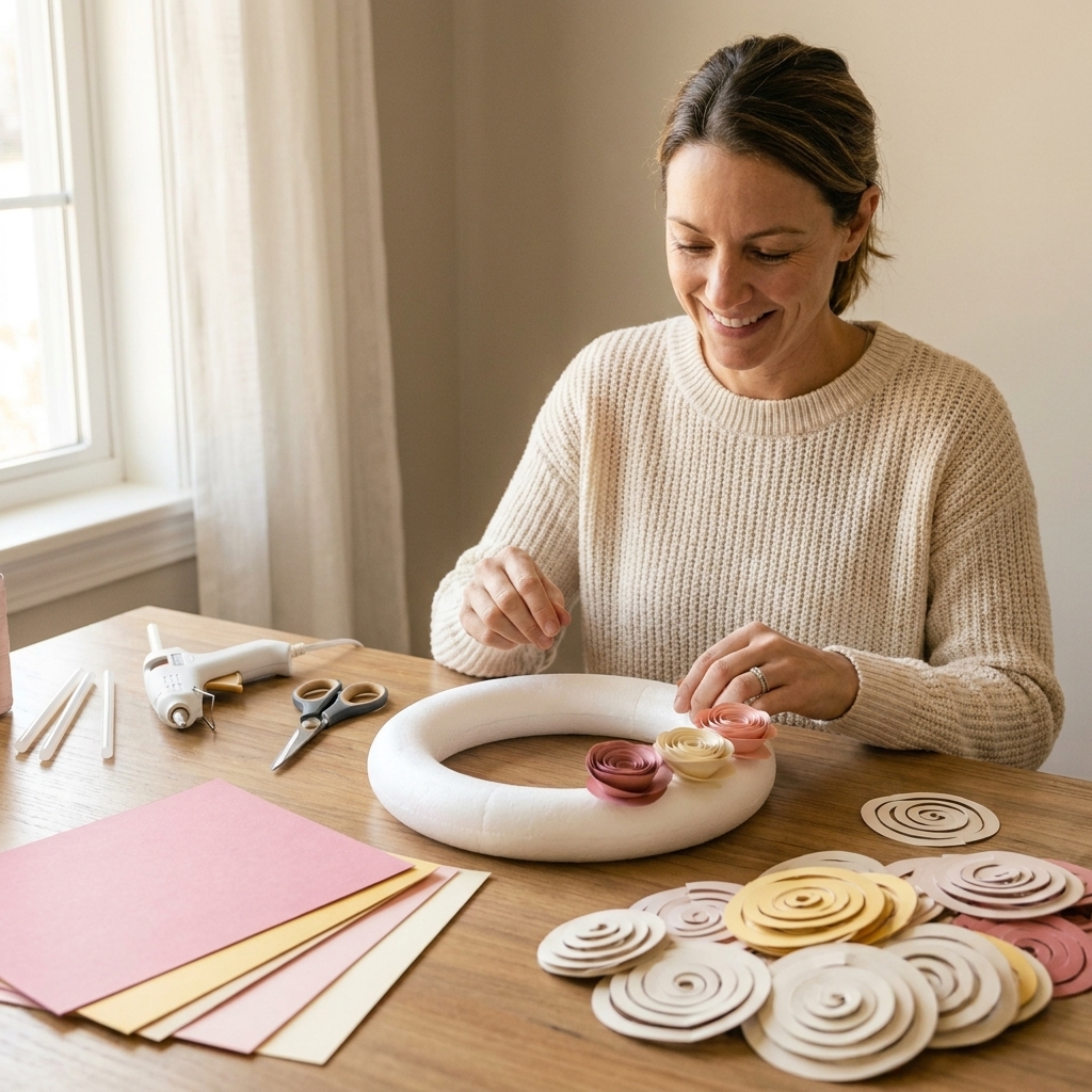 A foam wreath form on a craft table next to cardstock, scissors, hot glue gun, and a pile of spiral paper flower cutouts