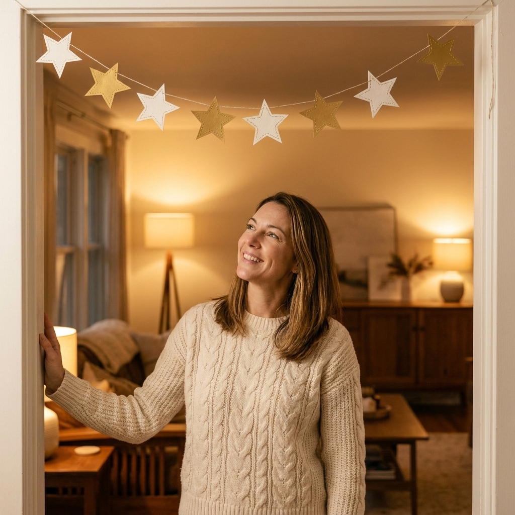 A garland made from stitched gold and white paper stars hanging across a doorway in a warmly lit home