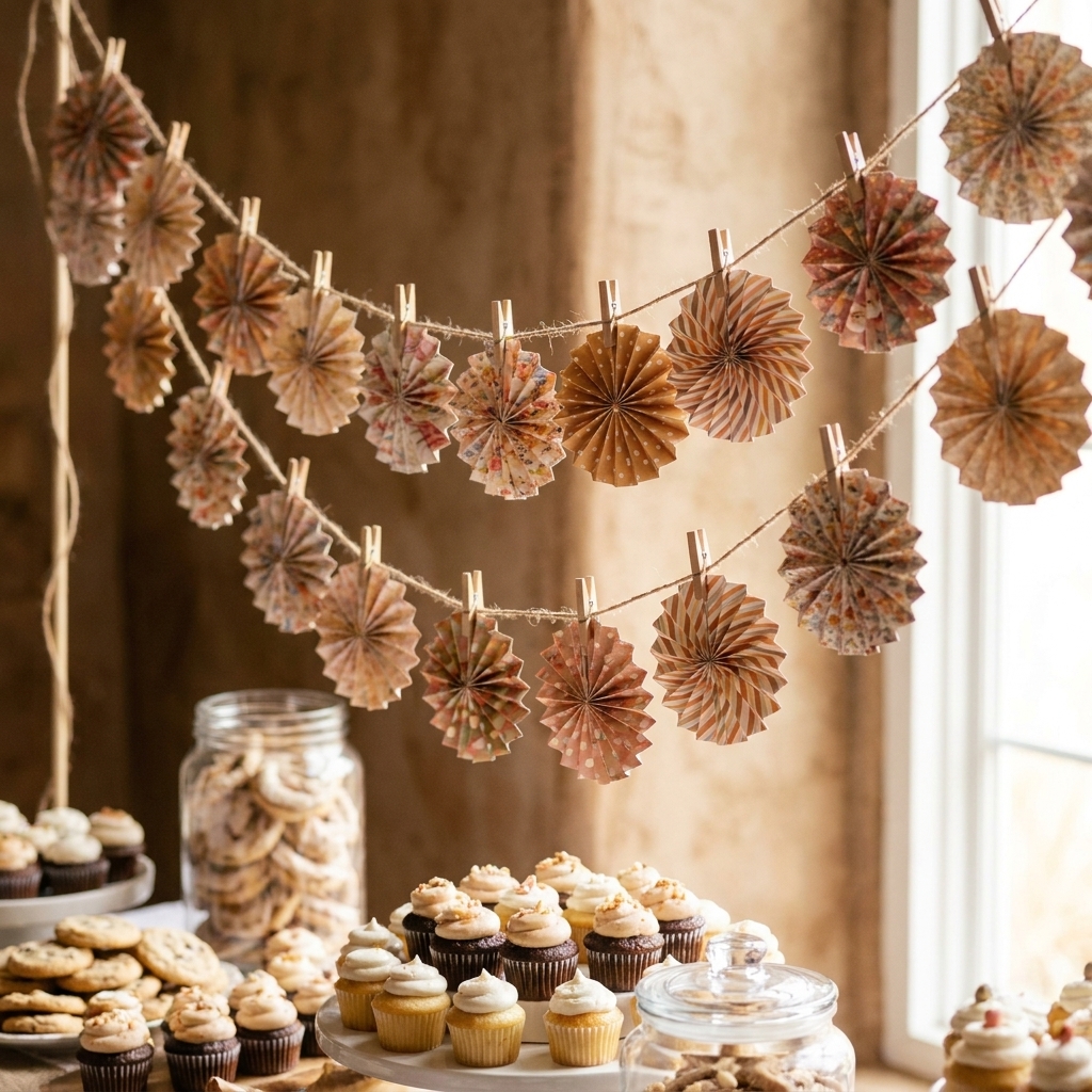 A garland of small paper rosettes in mixed patterns, attached to a length of twine and hanging above a dessert table