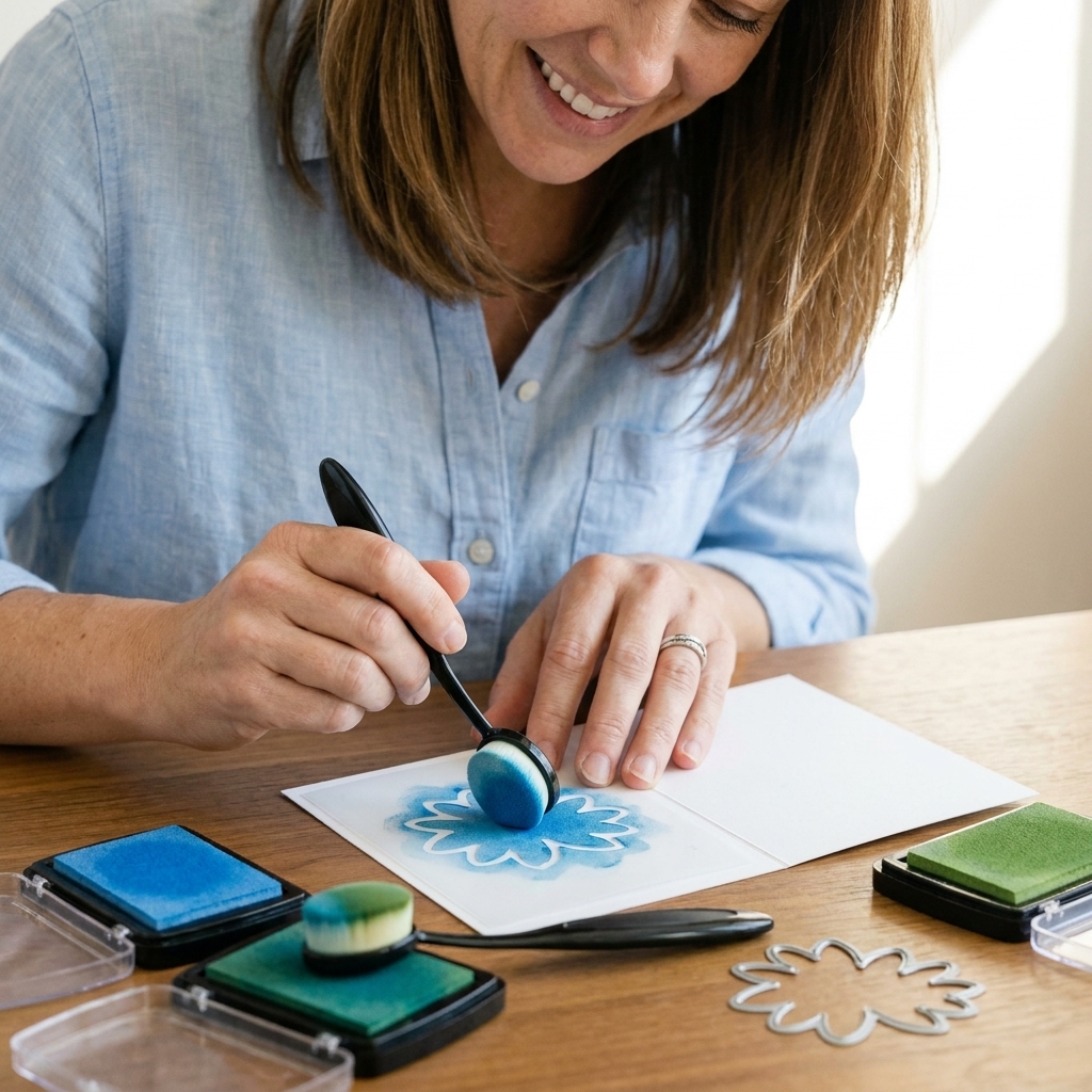 A hand blending ink through a custom stencil made from a die cut shape on a white card panel, with ink pads and a blending brush nearby