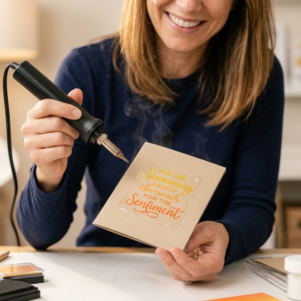 A hand holding a heat tool over a freshly stamped ombre sentiment covered in clear embossing powder on a card panel