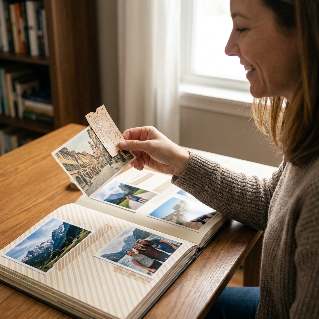 A hand holding a small paper ticket and postcard above an open scrapbook page with photos and neutral patterned paper