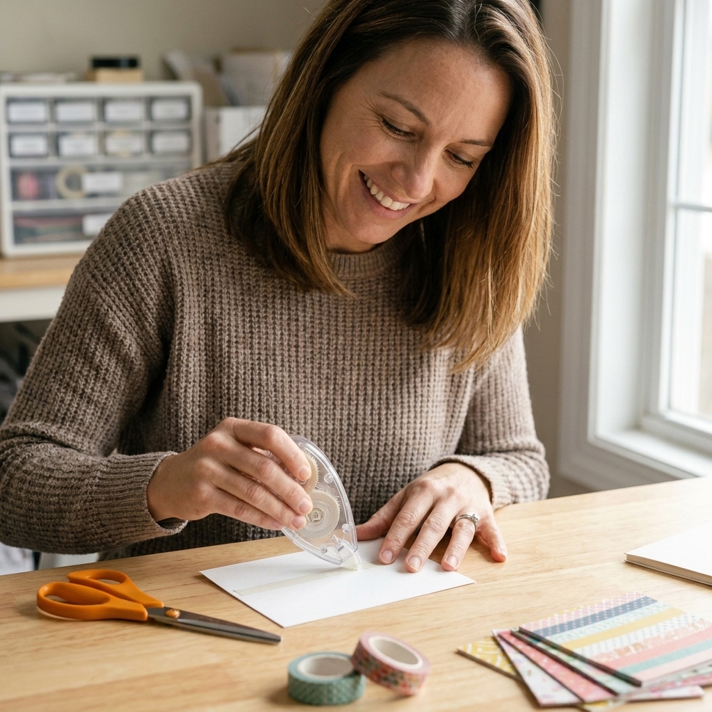 A hand holding an adhesive runner over a sheet of white cardstock on a crafting table, with scissors and patterned paper nearby