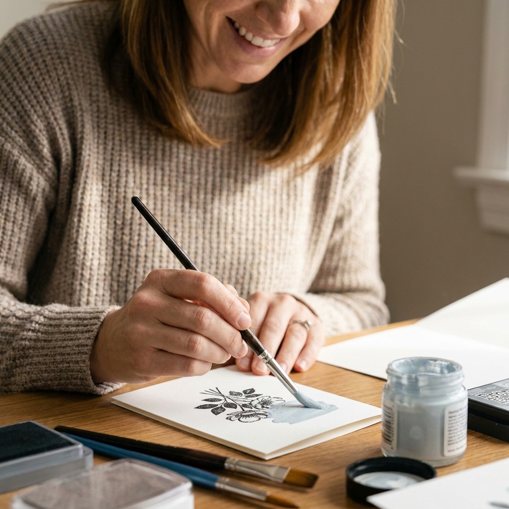A hand painting masking fluid onto a stamped image on white cardstock using a small brush, preparing for background stamping