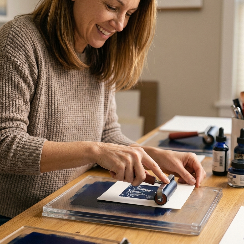 A hand rolling a small brayer over cardstock placed on top of a gel printing plate to transfer a mirrored stamped image