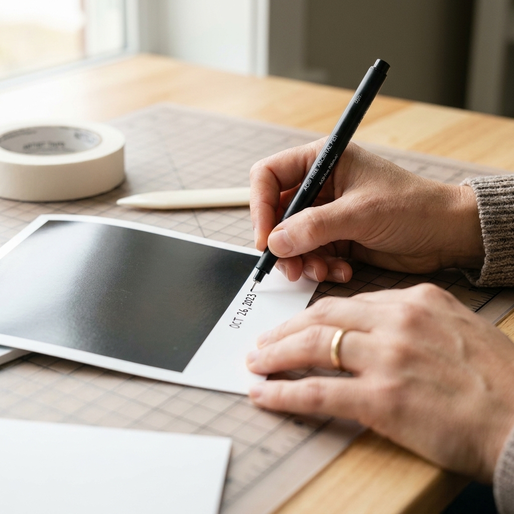 A hand writing a date on the back edge of a printed photograph using an acid-free archival pen on a clean craft table
