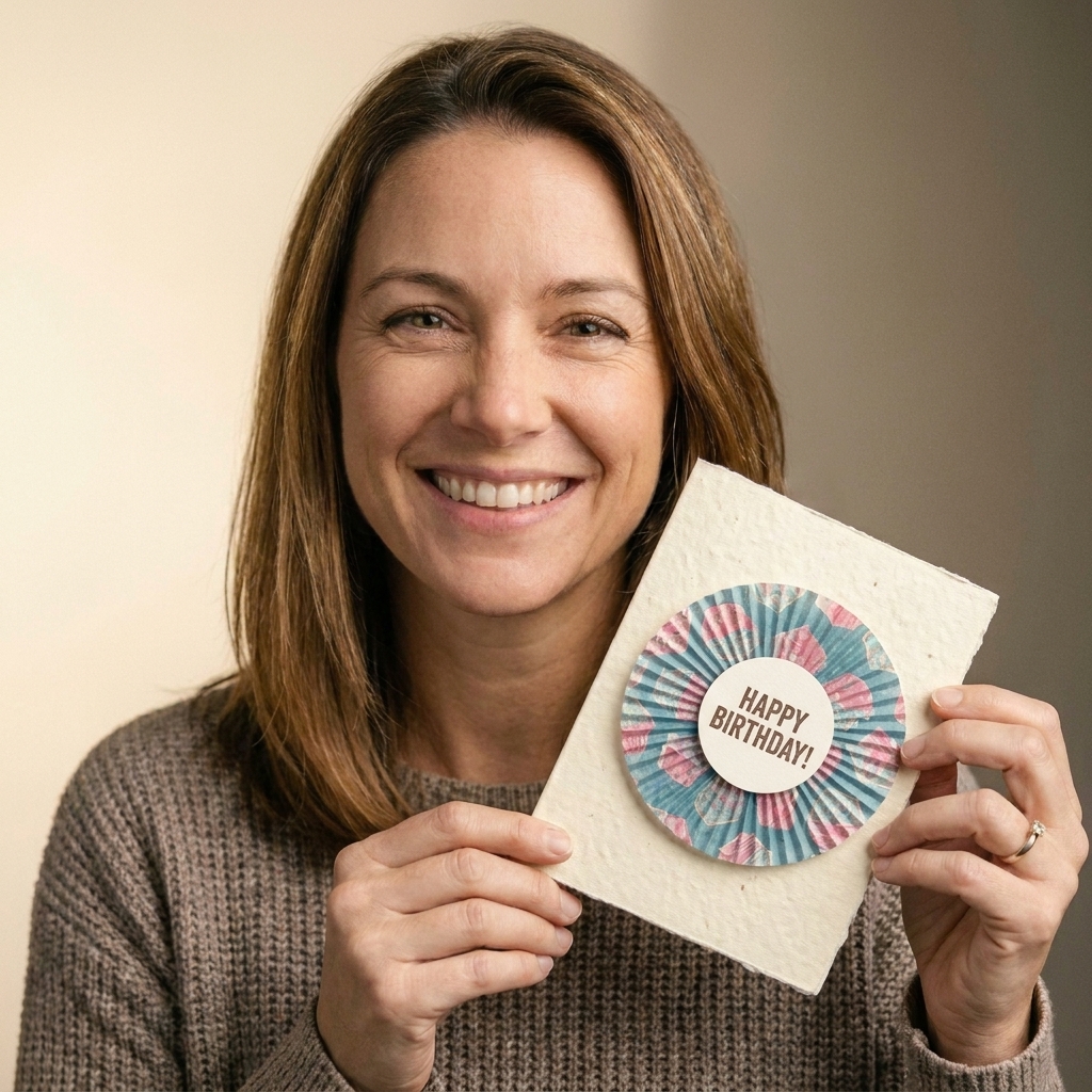 A handmade birthday card featuring a flattened cupcake liner rosette with a small circular sentiment in the center