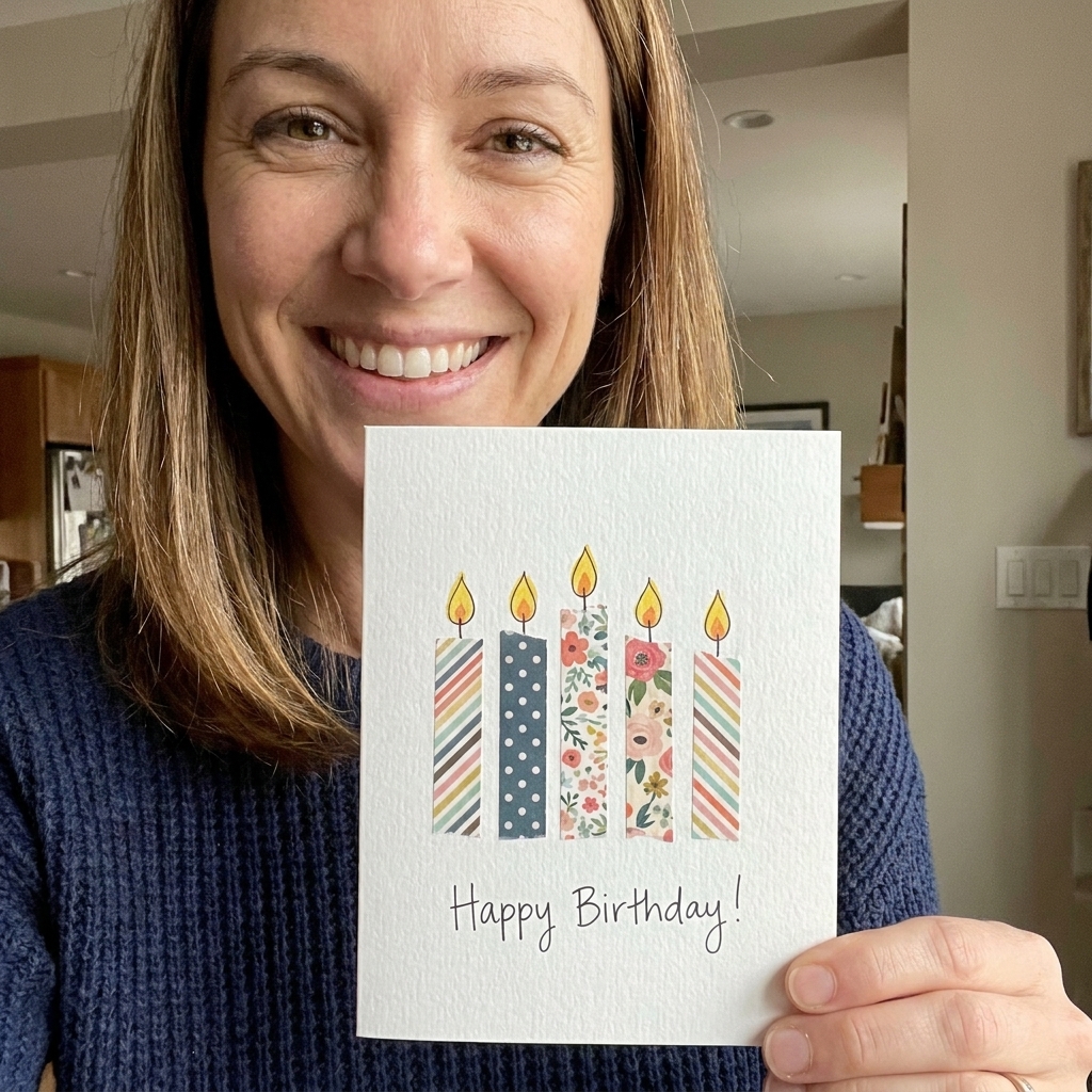 A handmade birthday card featuring a row of washi tape candles with small drawn flames on a white card base