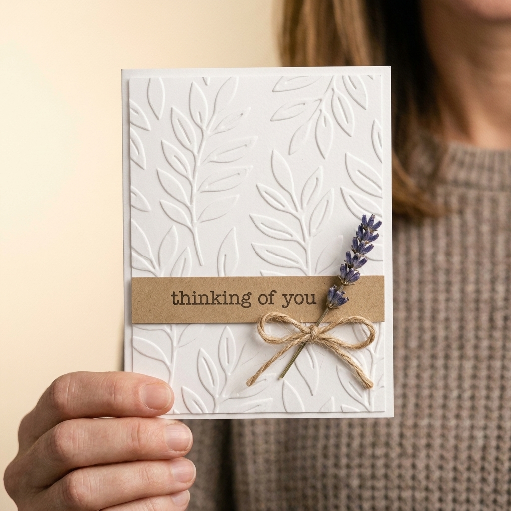 A handmade card front featuring an embossed white cardstock background with a simple sentiment strip and minimal embellishments