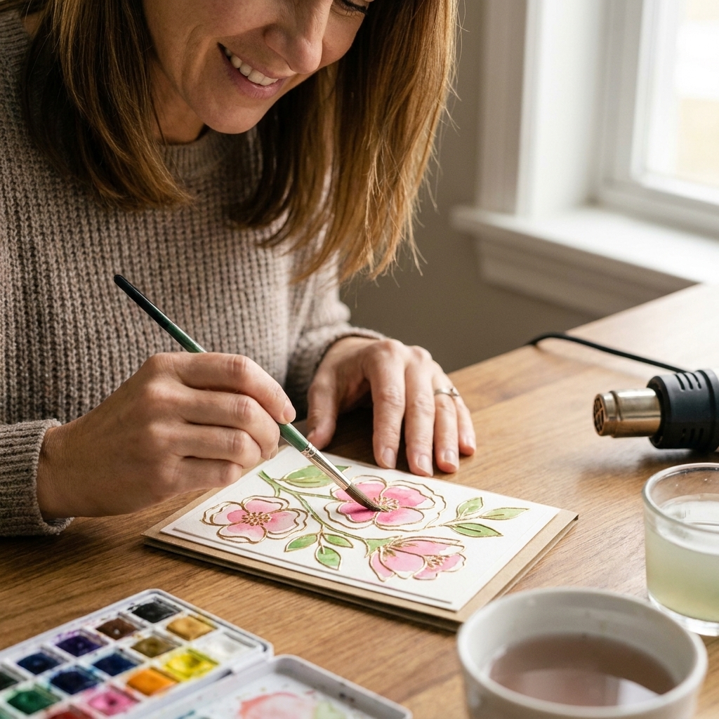 A handmade card panel with heat embossed floral outlines being filled with watercolor, showing raised shiny lines helping contain the paint