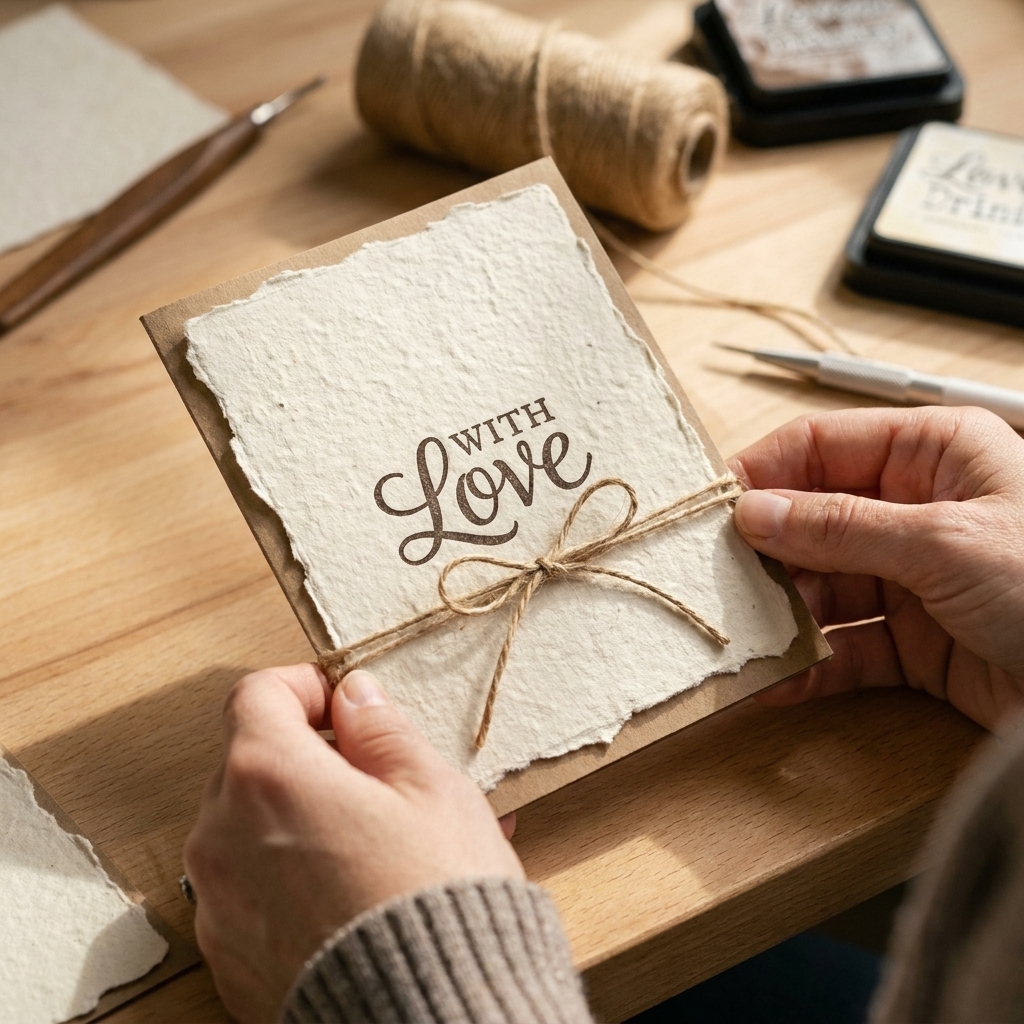 A handmade greeting card on a craft table featuring a torn-edge layer of homemade paper, a stamped sentiment, and simple twine embellishment