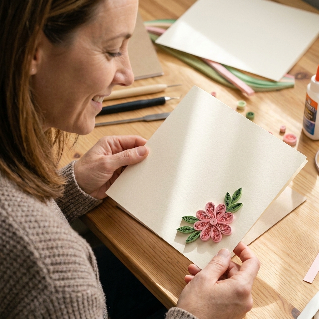 A handmade greeting card on a wooden craft table featuring a small quilled flower with teardrop petals and marquise leaves arranged in the corner