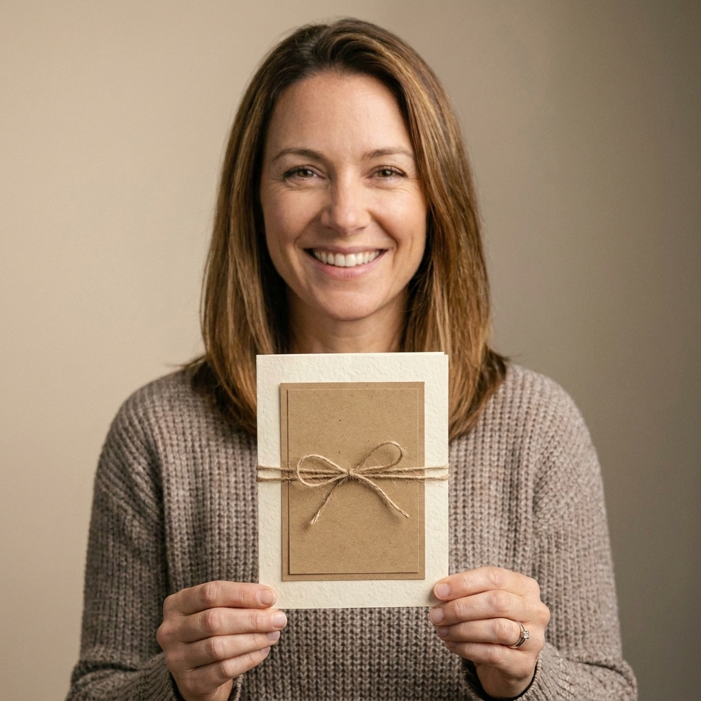 A handmade greeting card with a simple twine bow tied around a small layered cardstock panel on a neutral background