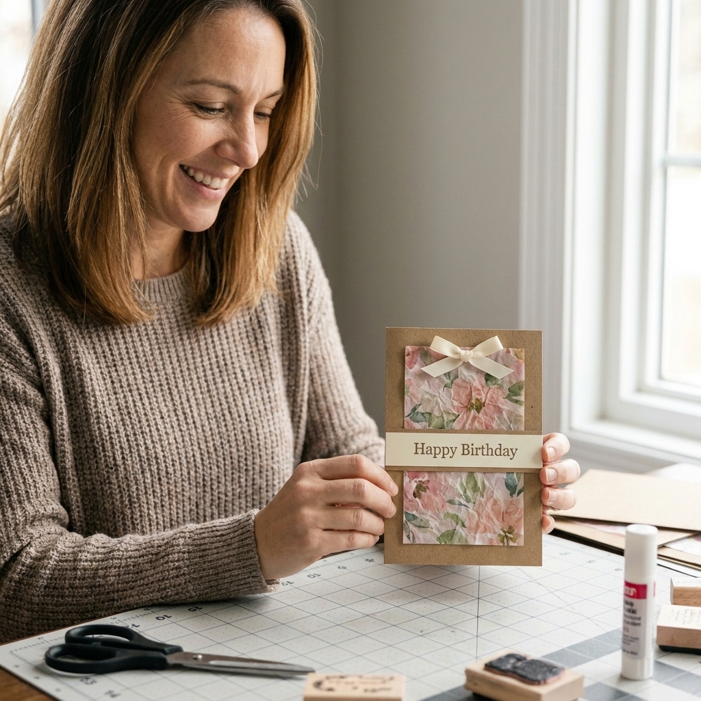 A handmade greeting card with a soft floral tissue paper background panel, a stamped sentiment strip, and a small ribbon bow on a craft mat