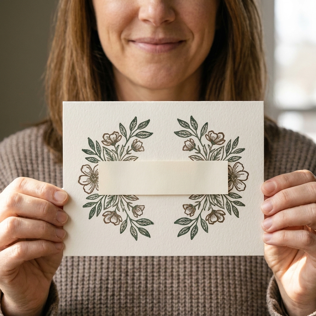 A handmade greeting card with two mirrored stamped floral images framing a blank sentiment banner on a white background