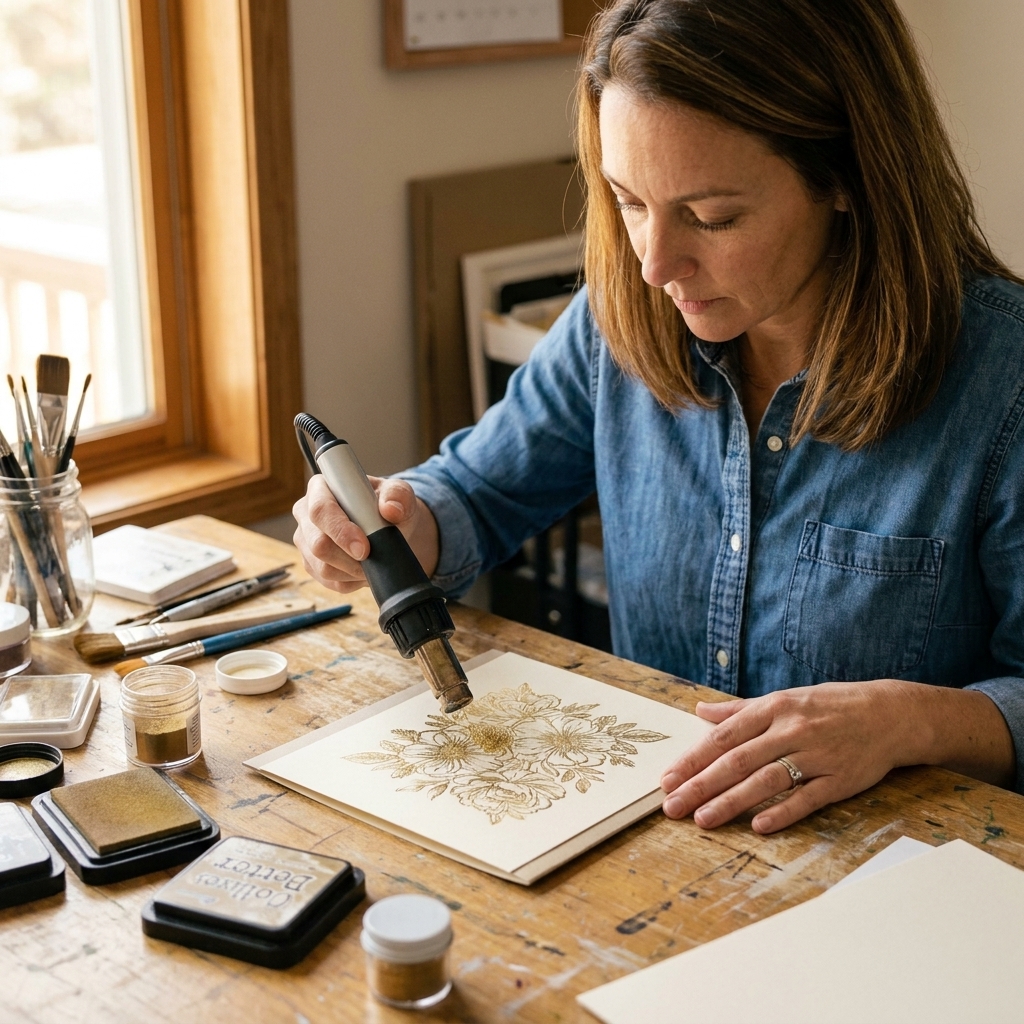 A heat tool melting embossing powder on a large background stamp impression on cardstock at a craft desk