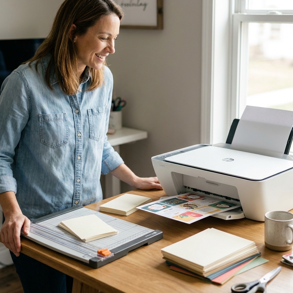 A home inkjet printer on a craft table with sheets of printed journaling cards coming out, next to a paper trimmer and stacks of cardstock