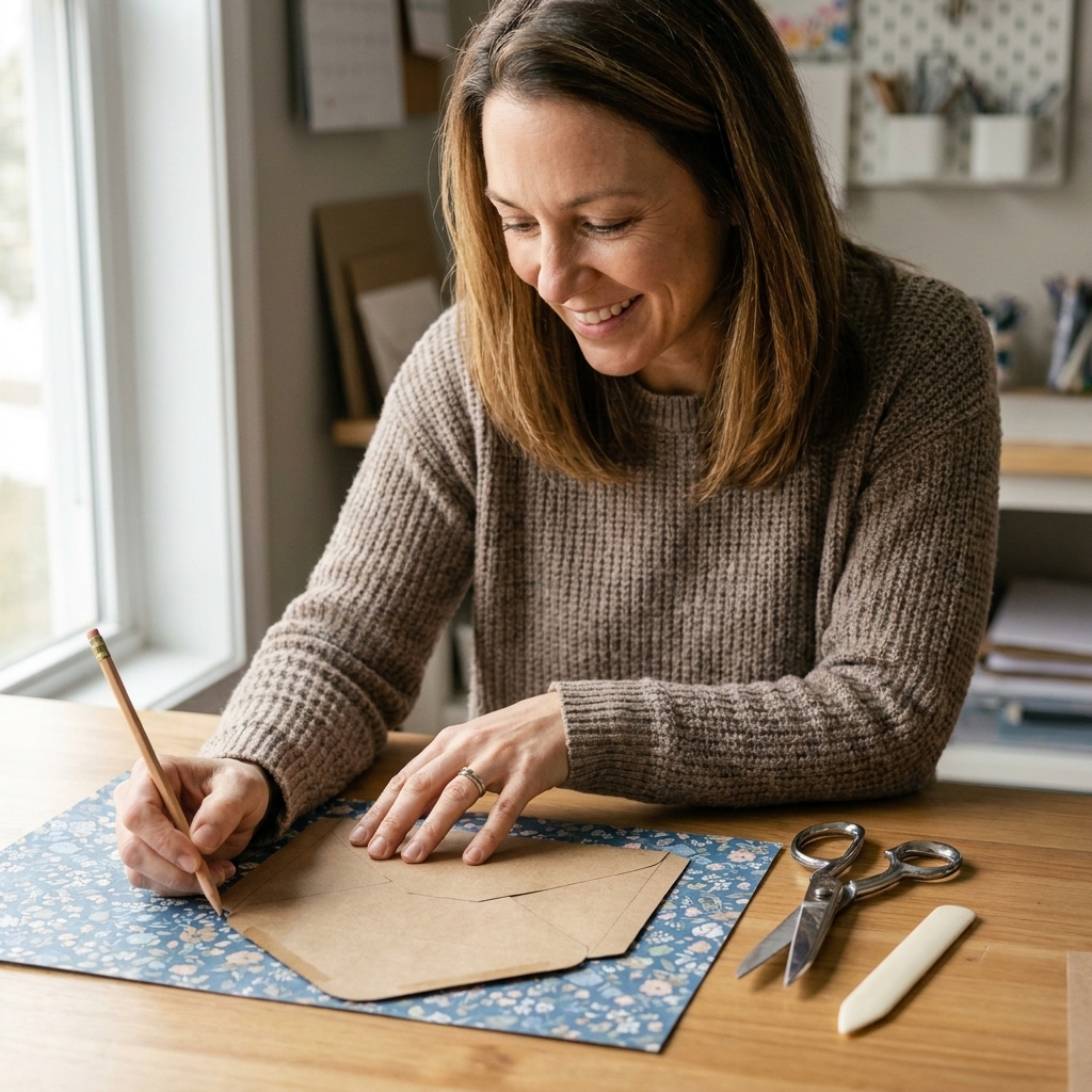 A kraft paper envelope template being traced onto patterned paper with a pencil, with scissors and a bone folder nearby