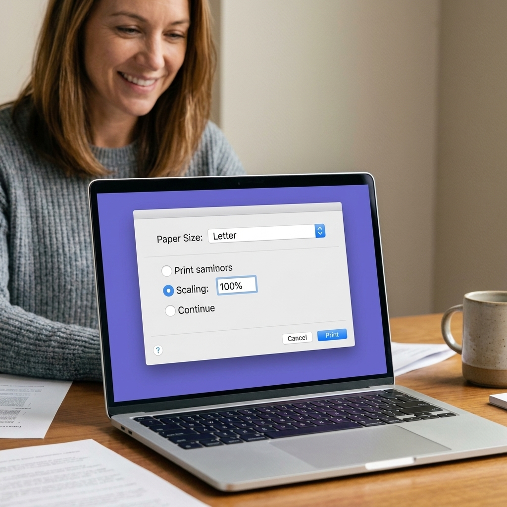 A laptop screen showing a print dialog with paper size set to letter and scaling set to 100 percent, photographed on a desk