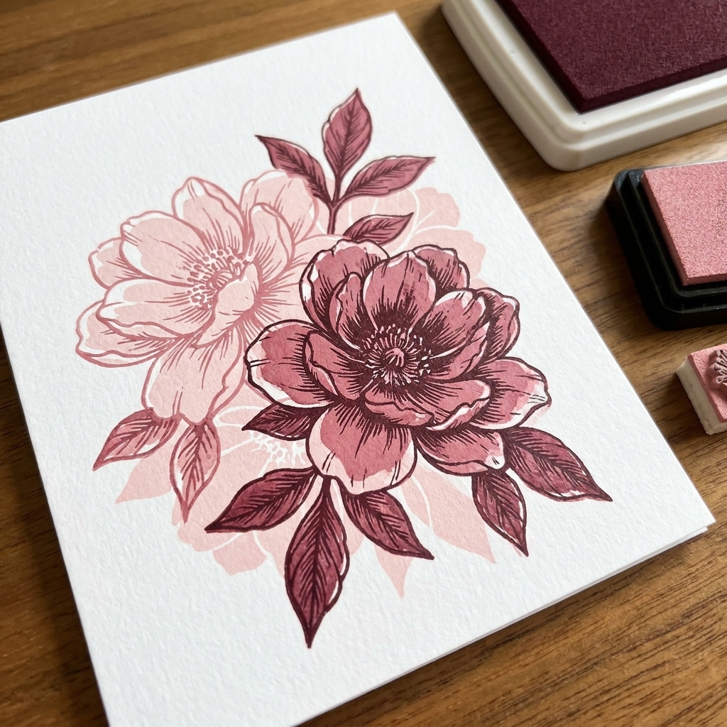 A layered floral stamp design on white cardstock showing a light base layer with two darker detail layers partially completed