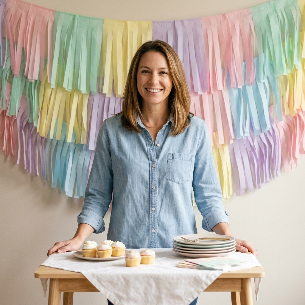 A layered paper fringe garland in soft pastel strips hanging as a party backdrop behind a small table