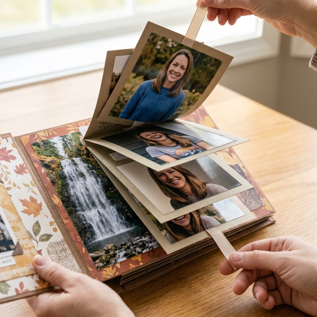 A mini album page showing a waterfall feature mid-flip, with multiple photo mats cascading upward