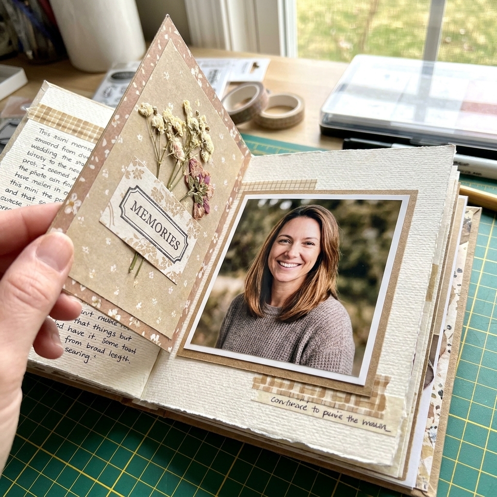 A mini scrapbook page opened to show a side flip flap lifting to reveal a photo mat underneath