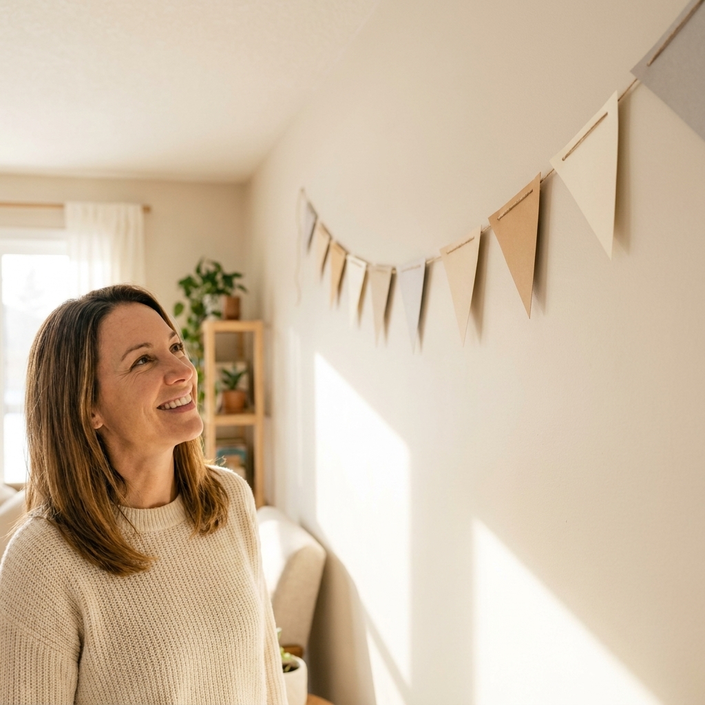 A modern triangle pennant paper garland in neutral tones hanging across a bright living room wall