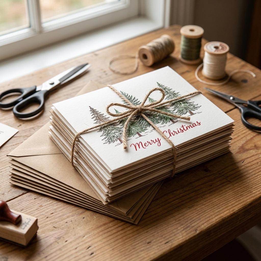 A neat stack of finished handmade holiday greeting cards tied with twine on a craft table beside envelopes