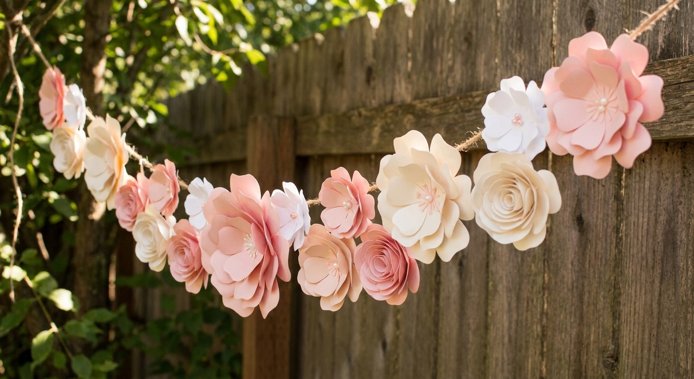 A paper flower garland made from layered cardstock blossoms in pink and white, attached to twine and hanging outdoors