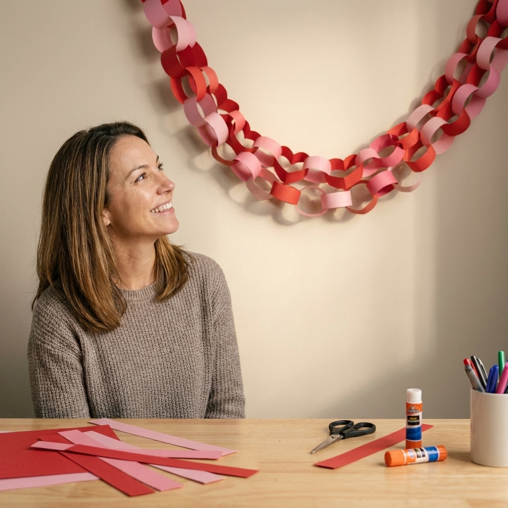 A paper heart chain garland made from red and pink cardstock loops hanging on a wall above a craft table