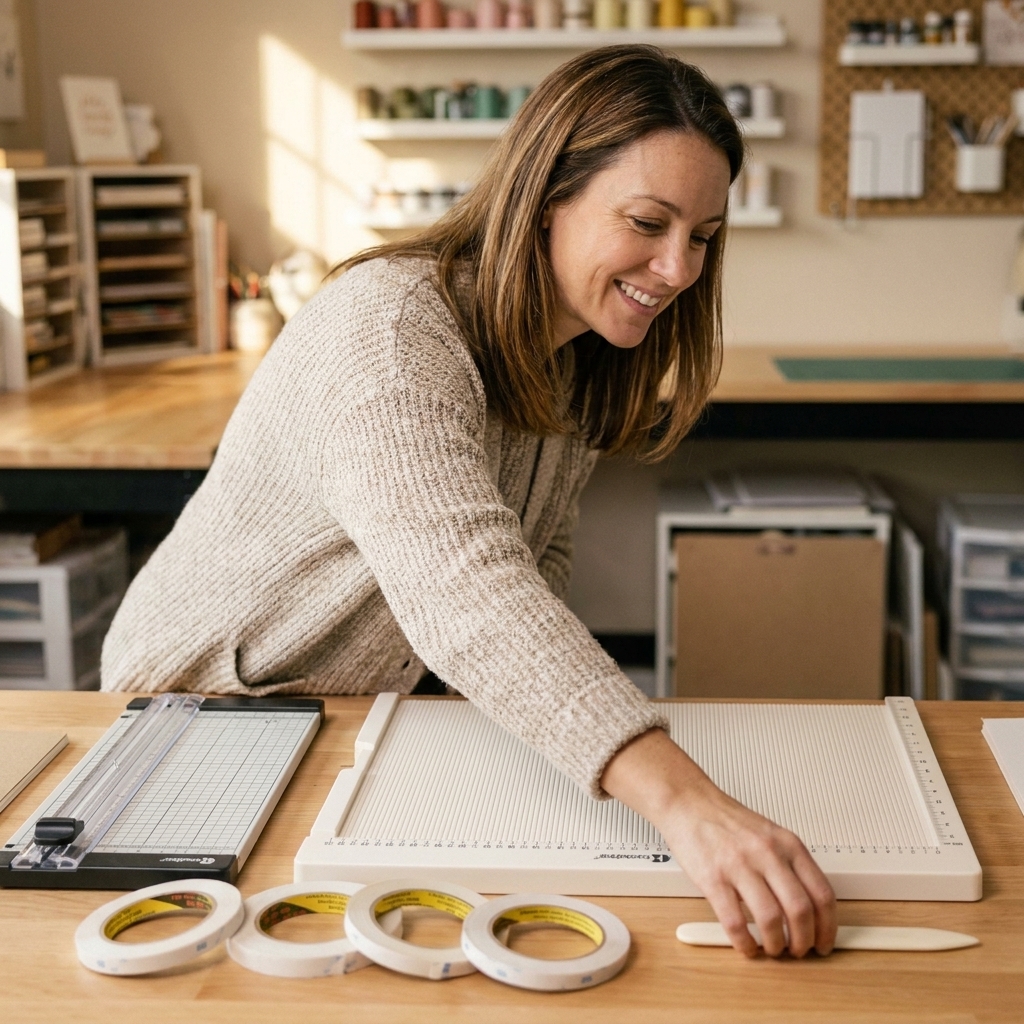 A paper trimmer, scoring board, bone folder, and rolls of double-sided tape arranged on a crafting table