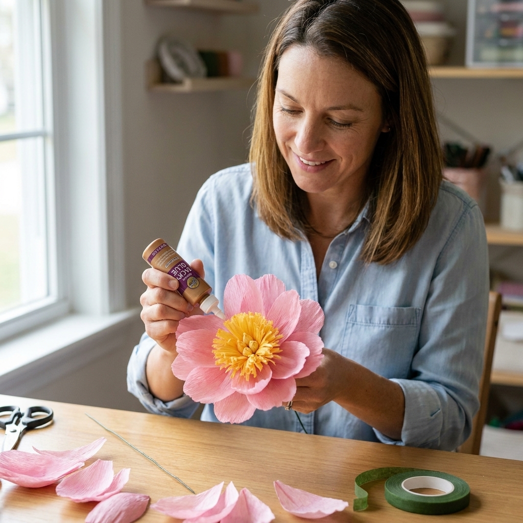A partially assembled crepe paper peony with several layers of petals being glued around a central fringed core