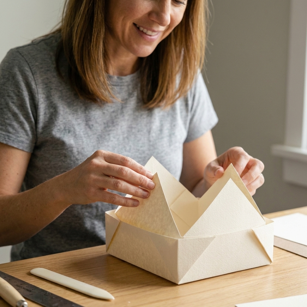 A partially folded origami-style box base made from heavyweight cardstock with the side walls being lifted into shape on a craft table