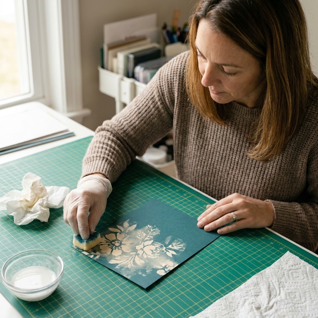 A photo of a faded floral bleach-stamped pattern developing on dark teal cardstock on a craft mat with paper towels nearby