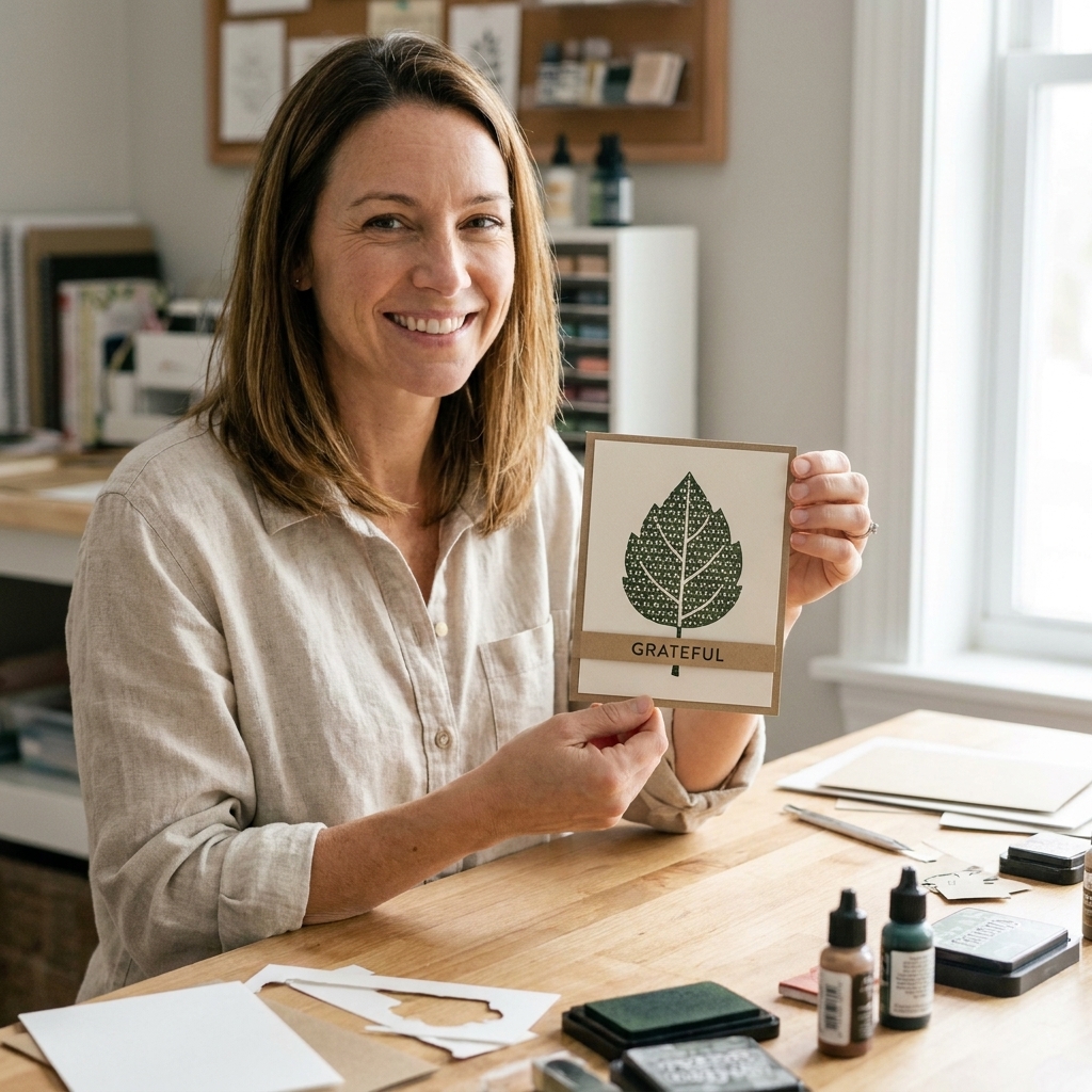 A photo of a finished handmade card on a craft table featuring a stamped leaf silhouette filled with a small pattern and a simple sentiment strip