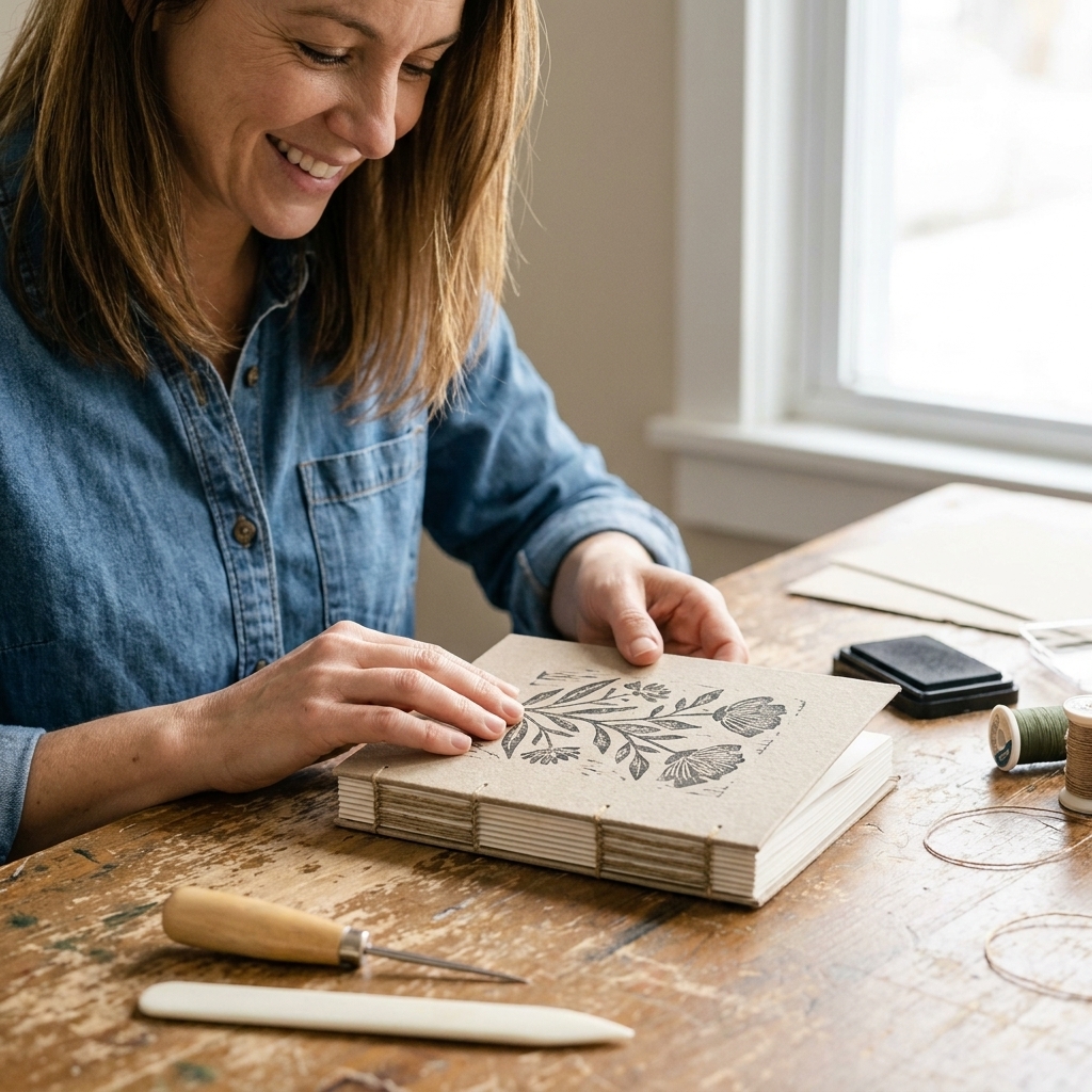 A photo of a finished softcover handmade journal with a stamped cardstock cover and visible stitched spine, resting on a wooden crafting table