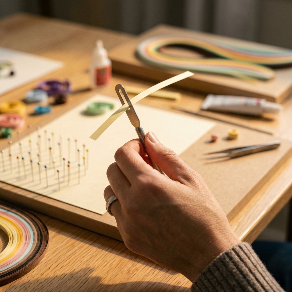 A photo of a hand holding a slotted quilling tool with the end of a paper strip inserted, ready to roll on a craft table