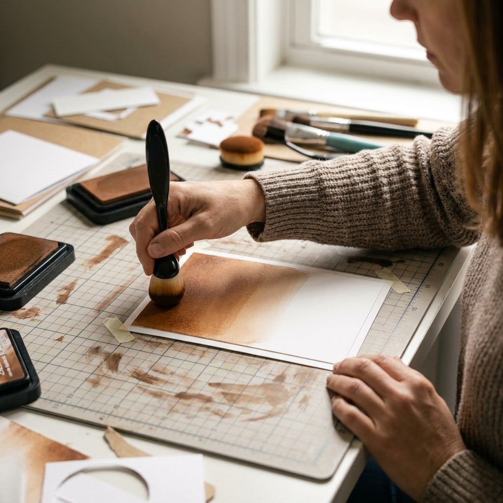 A photo of a hand using a round blending brush to apply oxide ink in a gradient on a white cardstock panel on a craft table