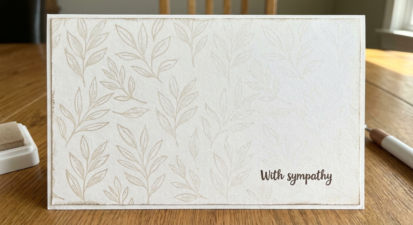 A photo of a handmade card front with a subtle tone-on-tone stamped background pattern fading in intensity across the panel using second and third generation stamping