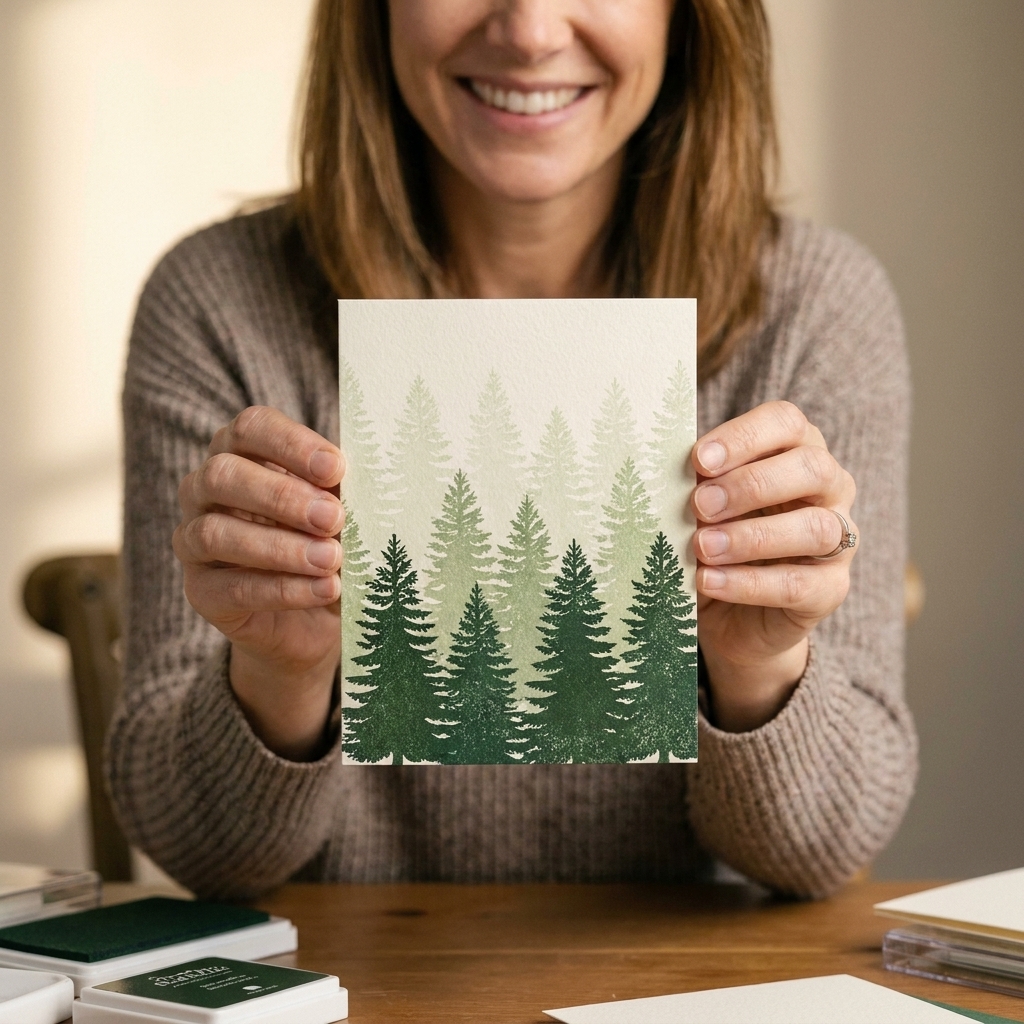 A photo of a handmade card panel with layered stamped trees fading from light in the background to dark in the foreground, created with second and third generation stamping