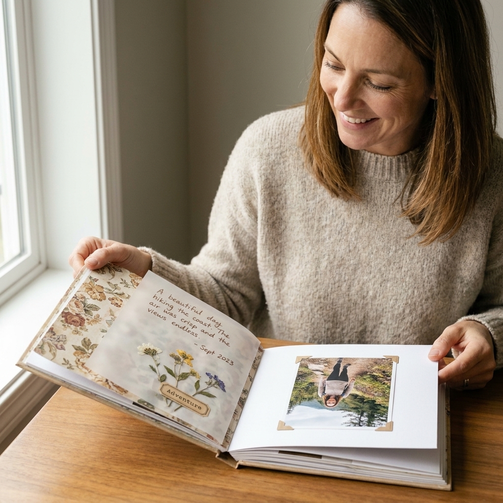 A photo of a scrapbook layout with a translucent vellum sheet layered over patterned paper, featuring neat journaling and a few small embellishments