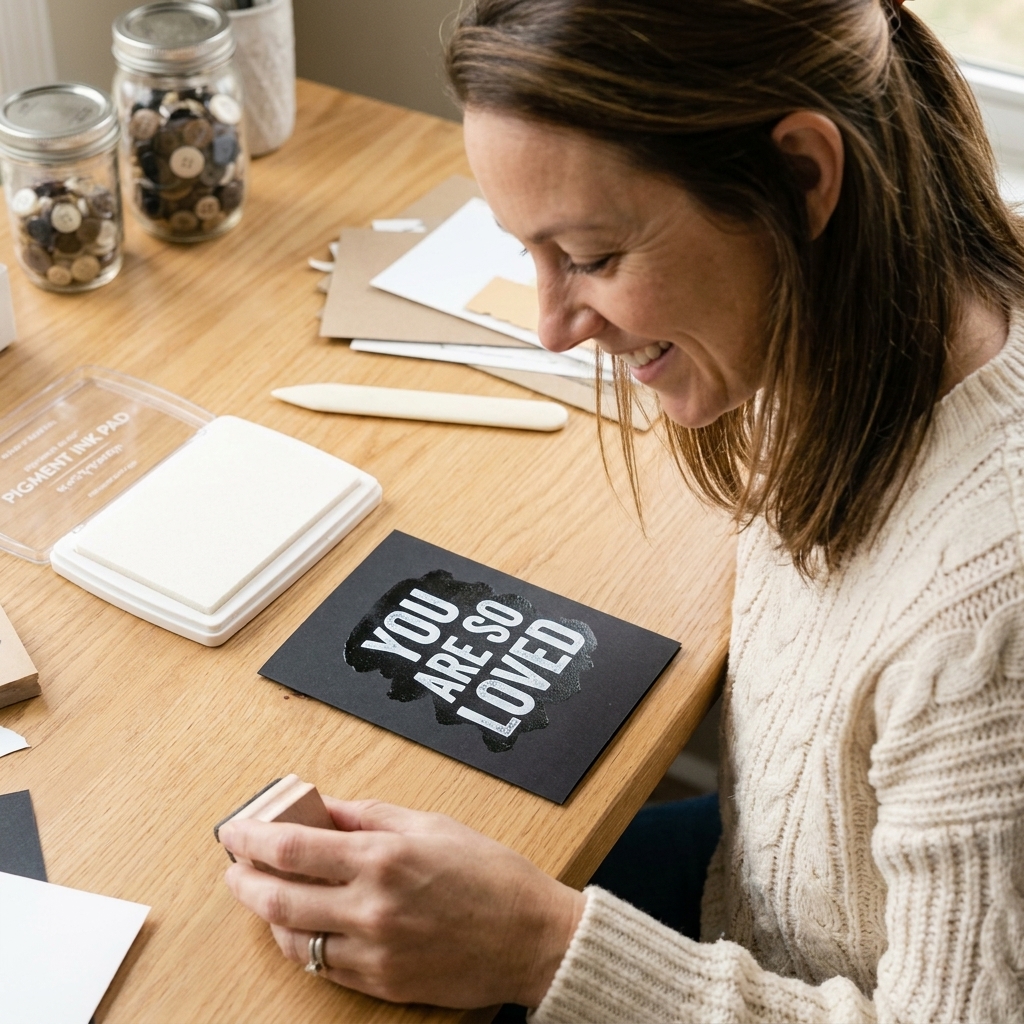A photo of a white pigment ink pad beside a black cardstock panel with a freshly stamped white sentiment, resting on a craft desk