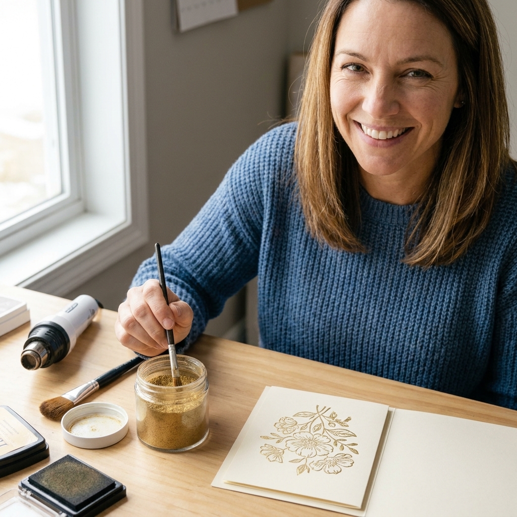 A photo of an open jar of gold embossing powder on a craft desk with a stamped cardstock panel nearby