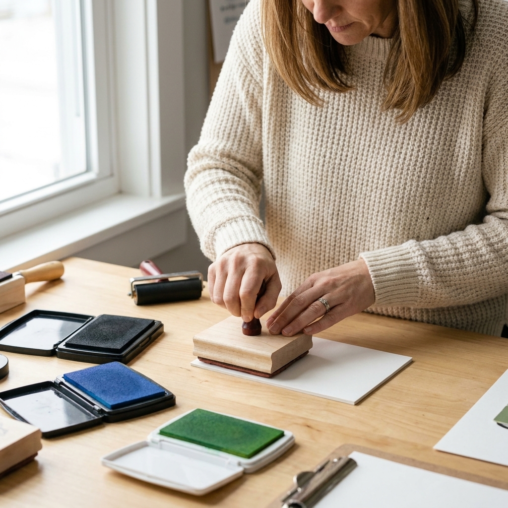 A photo of hands pressing a mounted solid stamp onto white cardstock on a craft table, with ink pads open nearby