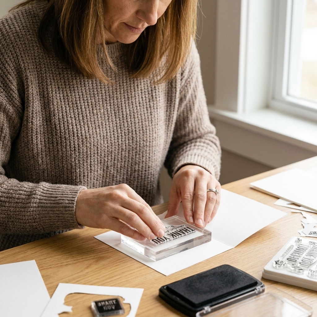 A photo of hands stamping a clean black sentiment onto white cardstock using a clear stamp and acrylic block at a craft table