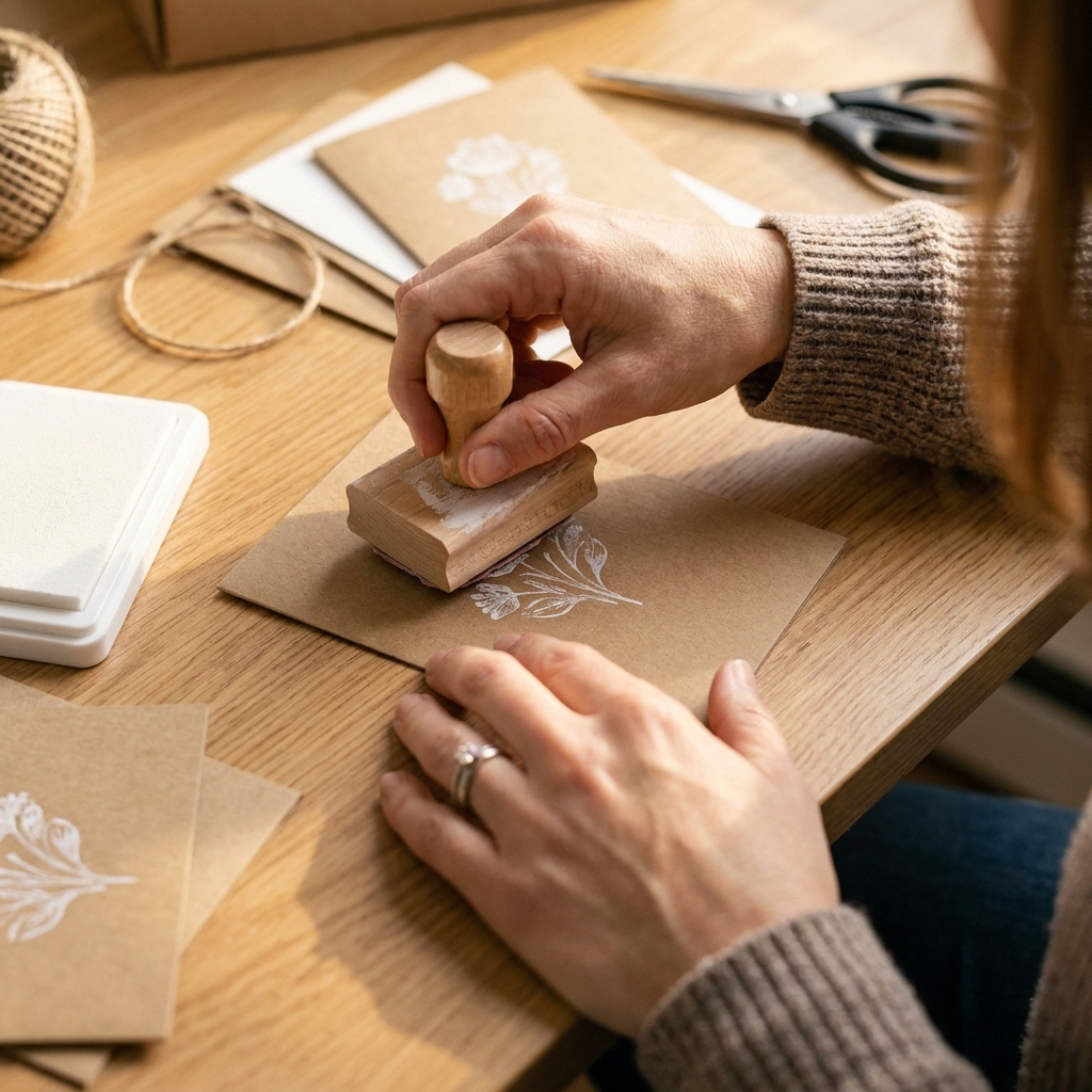 A photo of hands stamping a floral image in white pigment ink onto kraft cardstock on a wooden craft table