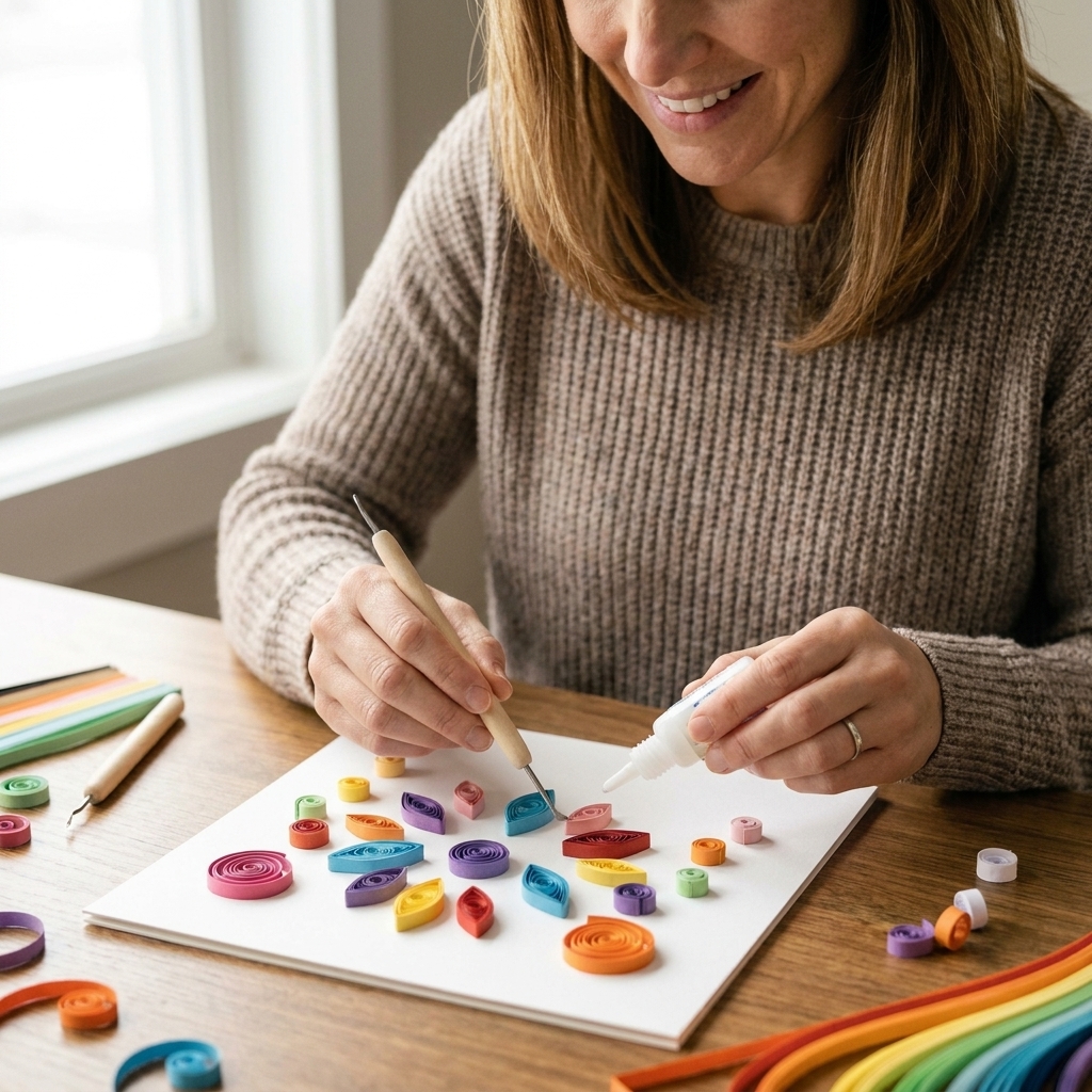 A photo of several beginner quilling shapes arranged on white cardstock, including tight coils, loose coils, teardrops, marquise shapes, and small scrolls, ready to be glued onto a greeting card