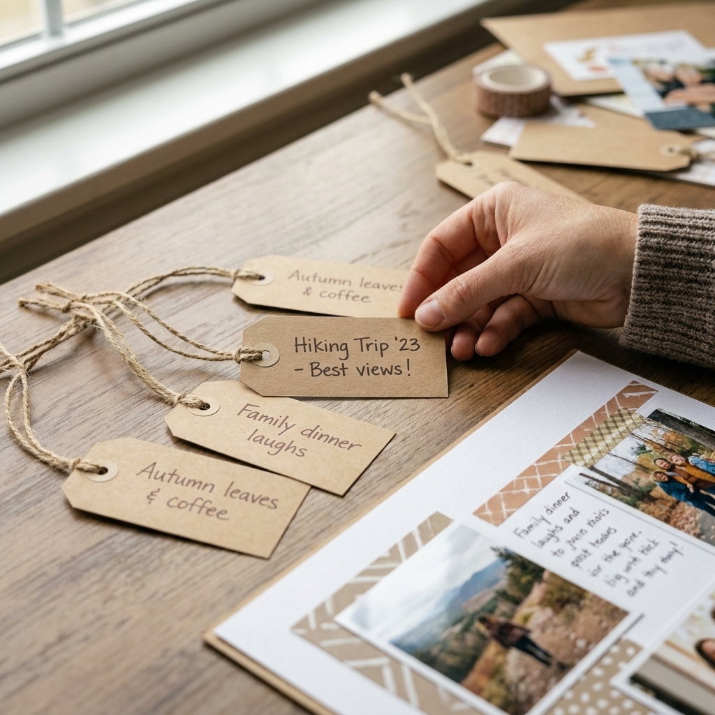 A photograph of several kraft paper tags tied with twine, each tag showing handwritten journaling, sitting beside a finished scrapbook page