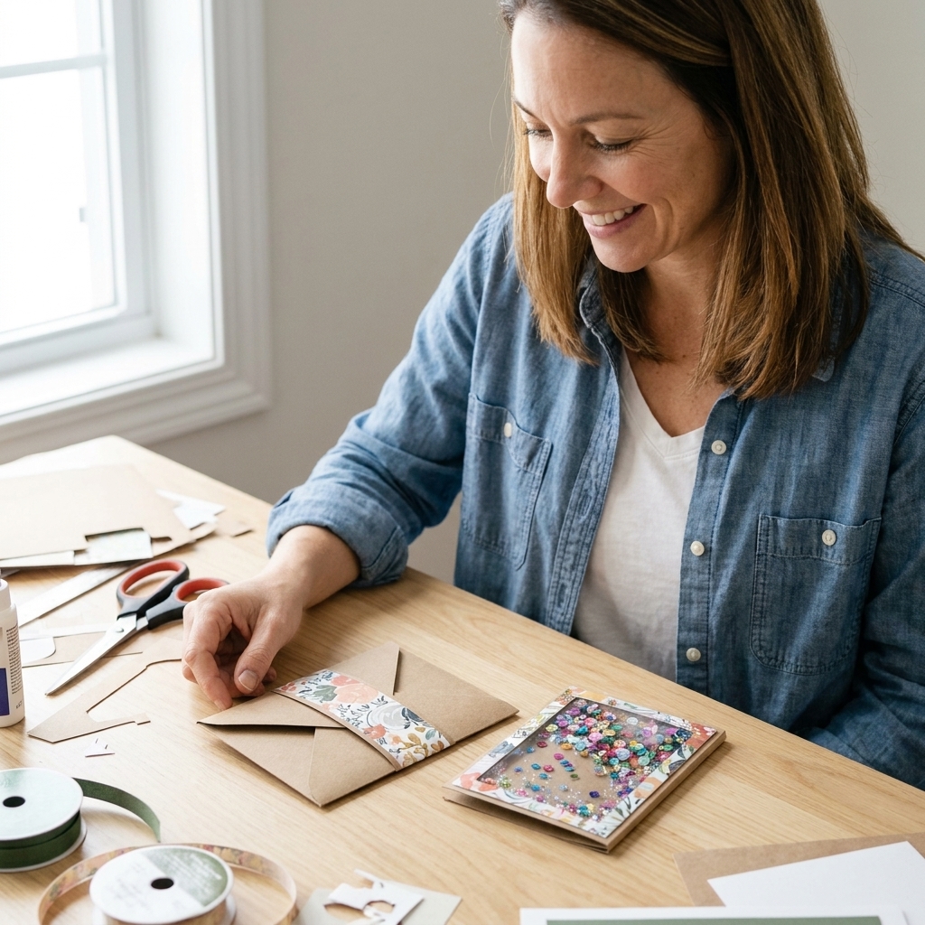A pocket-style handmade envelope closed with a paper belly band, sitting beside a dimensional shaker card on a craft desk